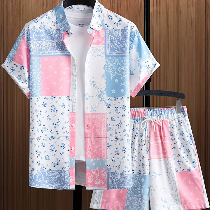 Men's casual summer shirt and shorts set in blue, perfect for beach loungewear or comfy everyday style.