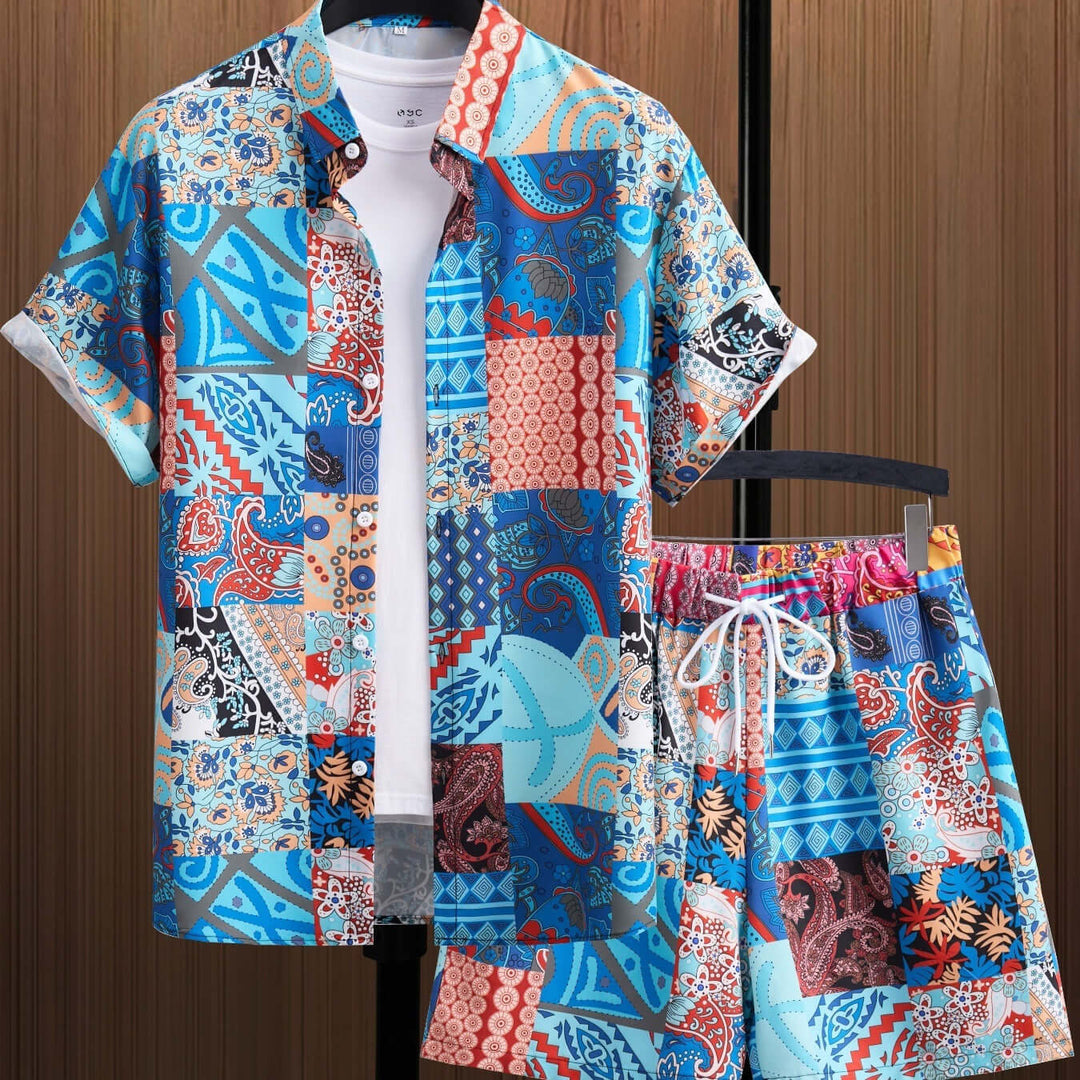 Comfy men's two-piece summer set: short-sleeve casual shirt and matching shorts, ideal for relaxed beach days.