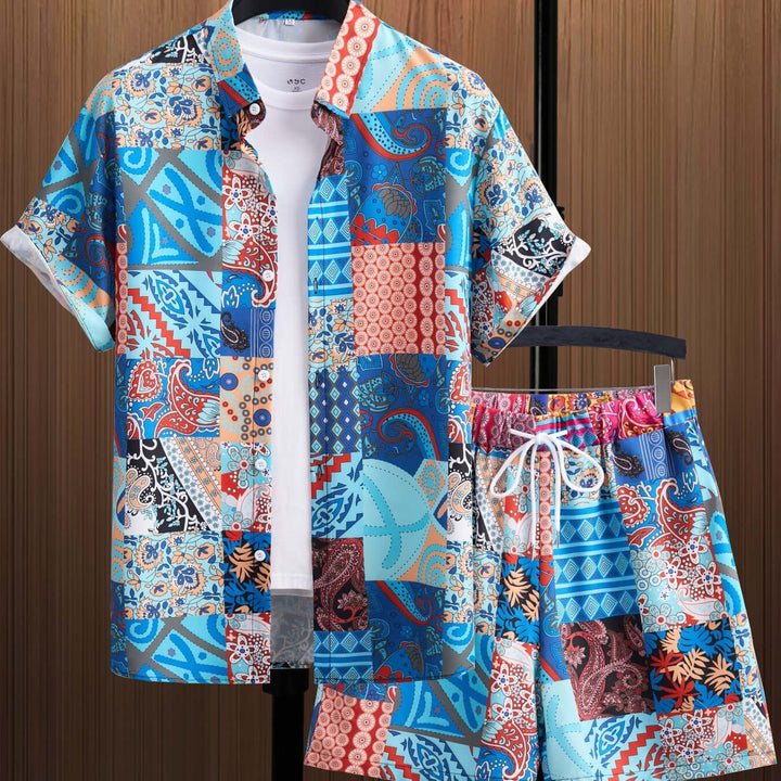 Comfy men's two-piece summer set: short-sleeve casual shirt and matching shorts, ideal for relaxed beach days.