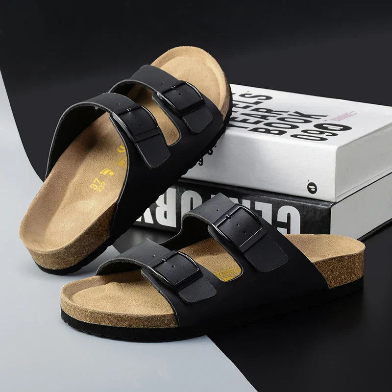 Men's casual summer slide sandals with double adjustable buckles for enhanced comfort and fit.