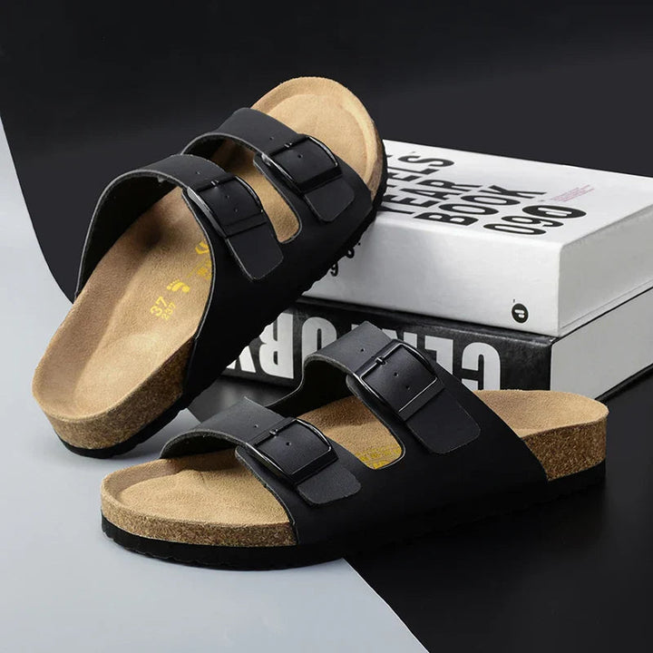 Men's casual summer slide sandals with double adjustable buckles for enhanced comfort and fit.