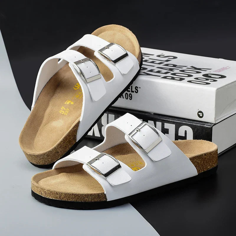 Comfortable men's slip-on double buckle slides, ideal for everyday summer fashion and relaxed wear.