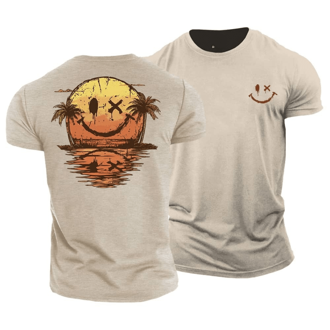 Men's casual summer t-shirt with a smiley face graphic, perfect for beachwear or vacation.