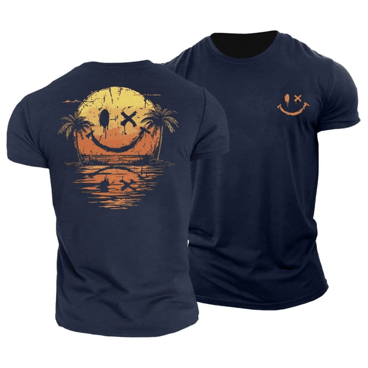 Men's summer beach t-shirt with a cheerful smiley design, ideal for vacation casual wear.