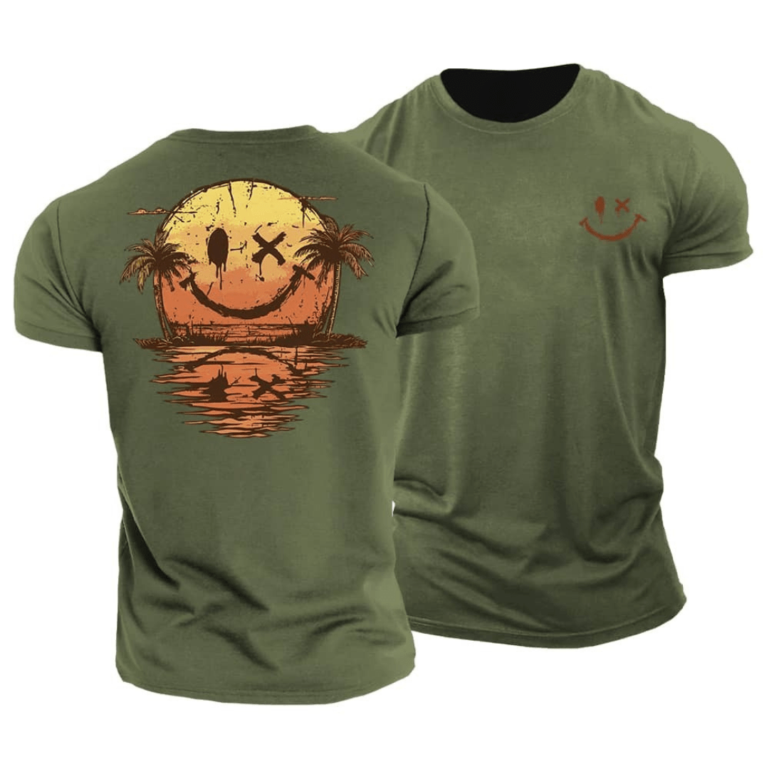 Happy smiley graphic tee for men, a casual summer t-shirt for beach outings or streetwear style.