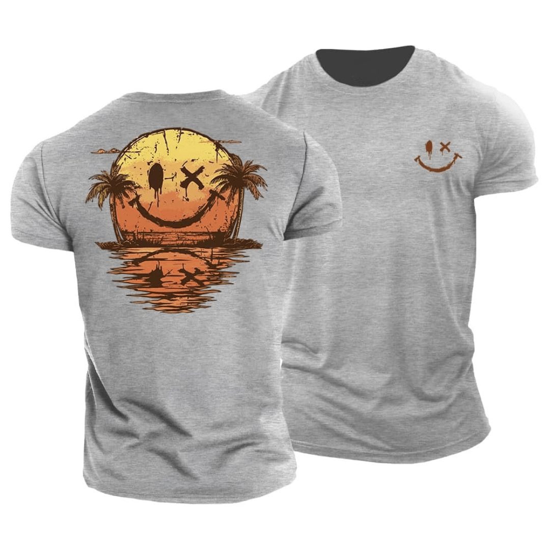 Comfortable men's casual t-shirt with a smiley graphic, great for summer beach days & relaxed streetwear.