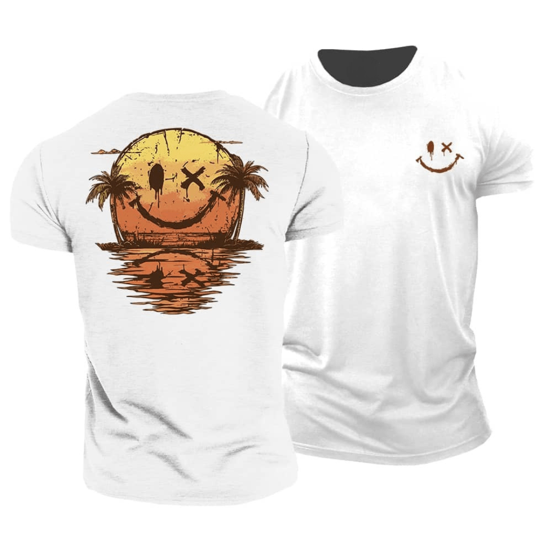 Men's smiley beachwear t-shirt, a casual summer graphic tee for a relaxed vacation look.