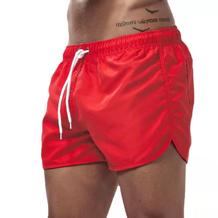 Front view of men's casual swim shorts with adjustable waistband for summer beachwear.