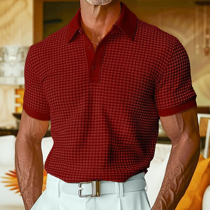 Stylish men's textured waffle collared shirt. Essential versatile top for casual spring & summer outfits.