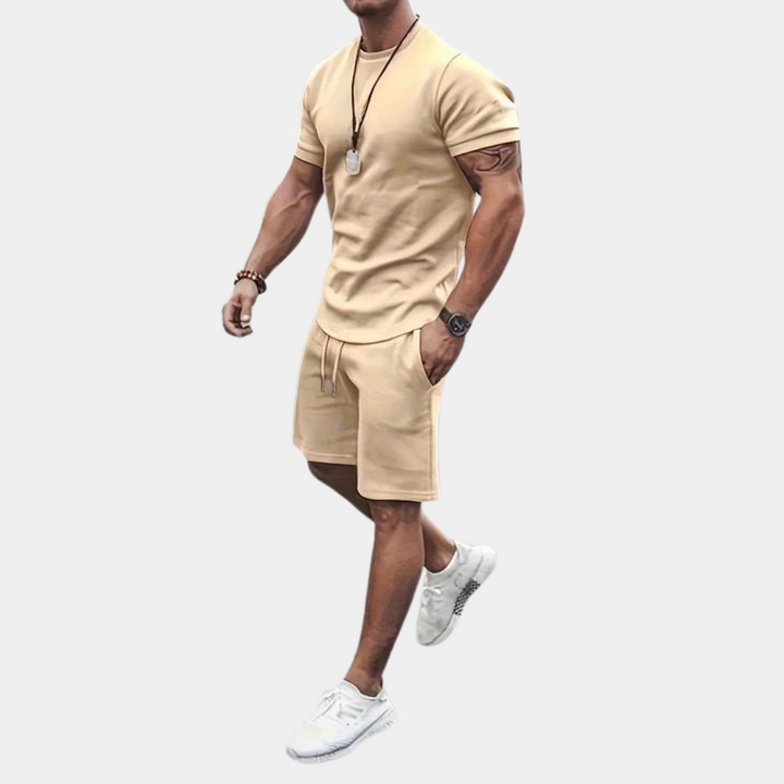 Men's casual two-piece summer set with short-sleeve shirt & matching shorts. Perfect for warm weather & vacation.