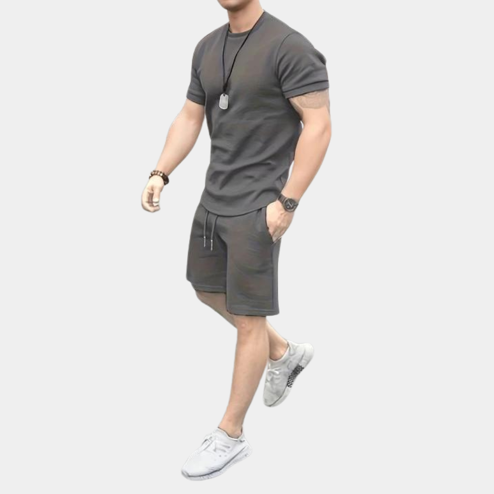 Stylish men's two-piece set, a summer casual short-sleeve shirt and matching shorts for a relaxed look.