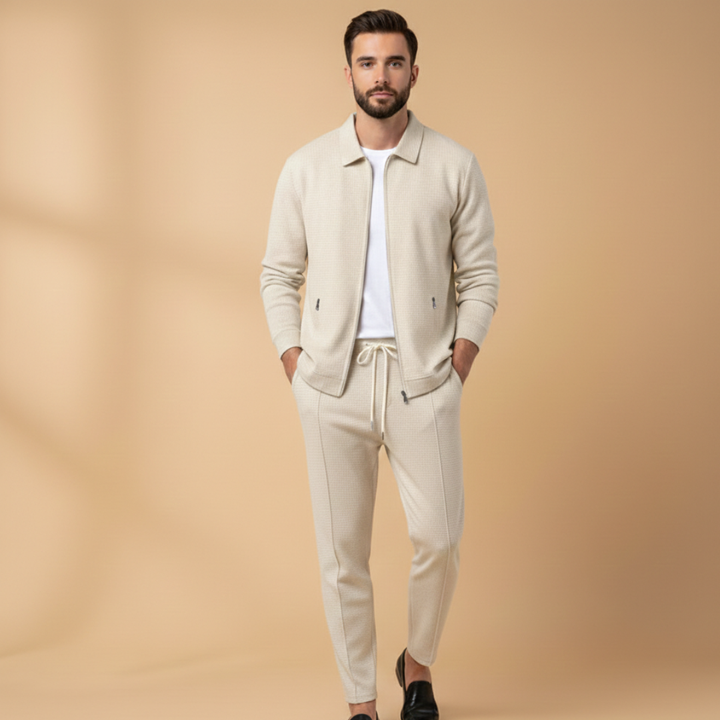 Men's casual two-piece zip jacket and pants set, perfect for comfortable wear, lounge, or travel.