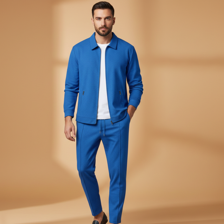 Stylish men's casual tracksuit set with zip jacket and matching pants, ideal for spring & summer fashion.