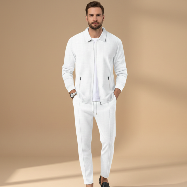 Full view of men's zip jacket and matching casual pants set, designed for comfort and versatile outfit.