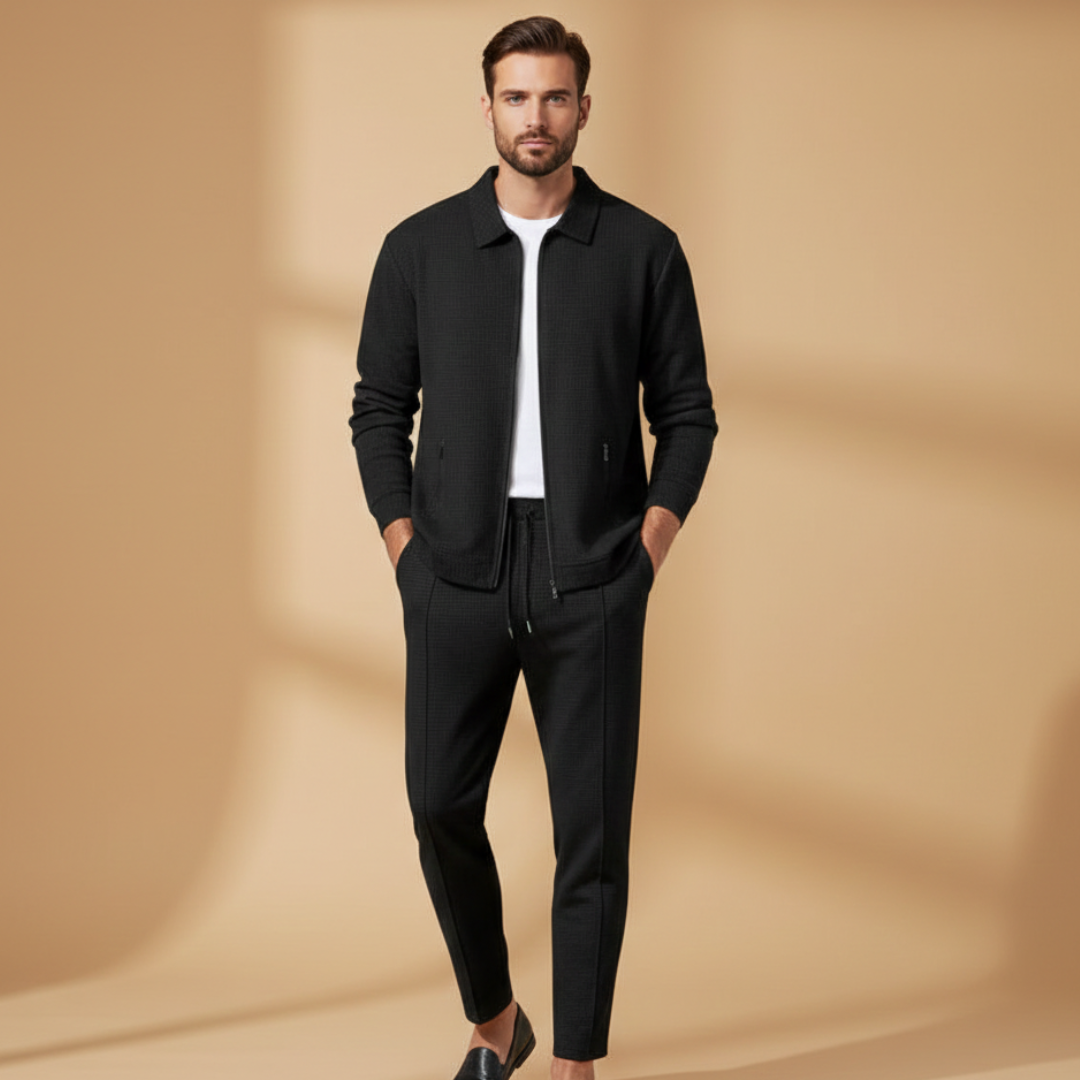 Comfortable men's lounge wear set: casual zip jacket and matching pants, great for travel or everyday.