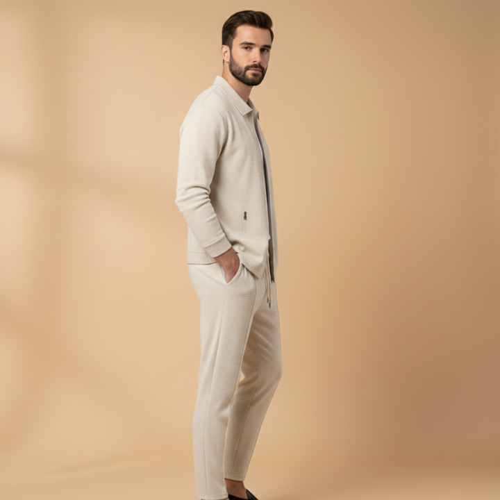 Soft men's casual two-piece outfit featuring a versatile zip jacket and matching comfortable pants set.