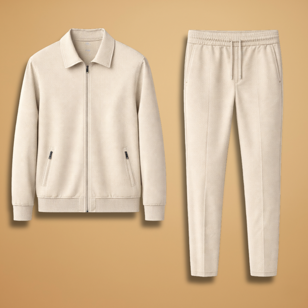 Complete men's travel outfit: casual zip jacket and pants matching set, ideal for versatile everyday wear.