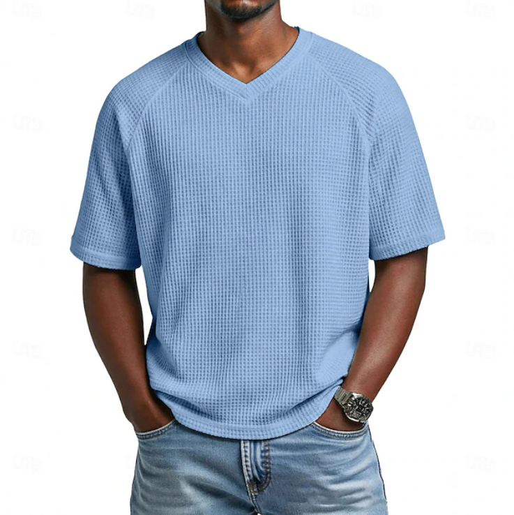 Men's casual V-neck textured short sleeve shirt, perfect for summer comfort & everyday wear.