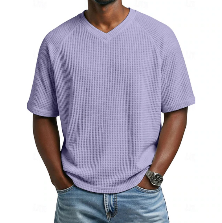 Stylish men's relaxed fit textured V-neck shirt, short sleeve, ideal for comfortable casual fashion.