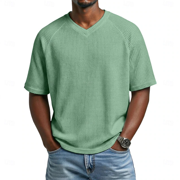Fashionable men's V-neck textured shirt, short sleeve, designed for relaxed fit & summer style.