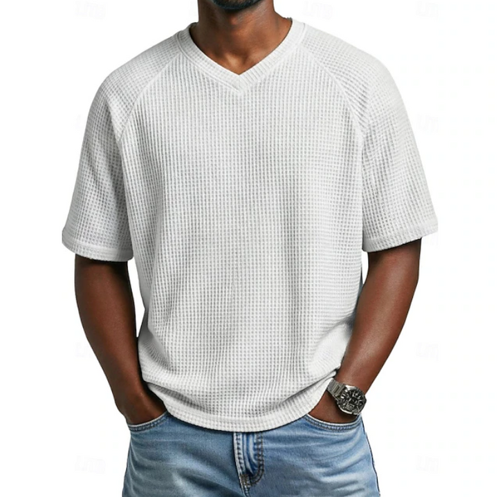 Full shot of men's casual textured V-neck short sleeve shirt, great for summer fashion & comfort.
