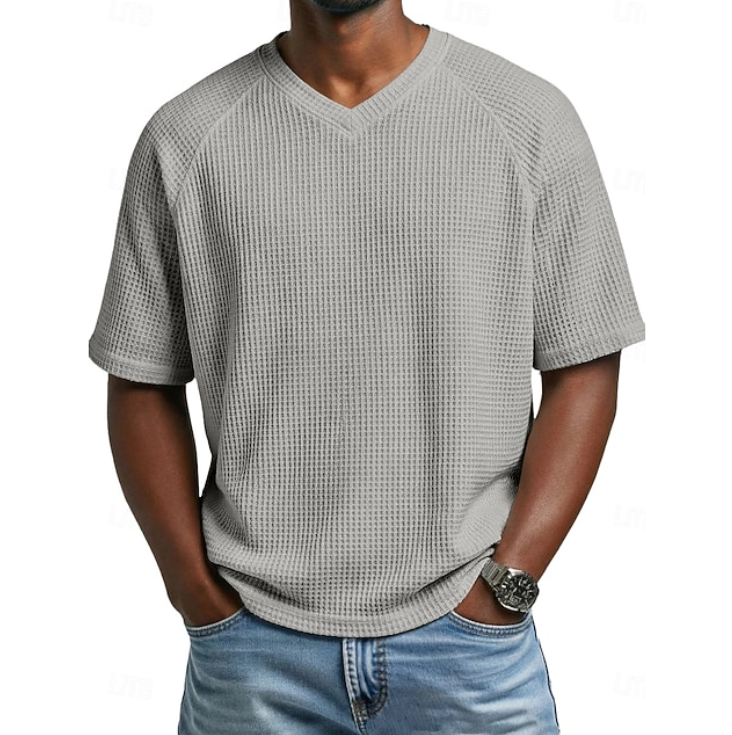 Men's soft textured short sleeve V-neck shirt, a comfortable and stylish choice for casual occasions.