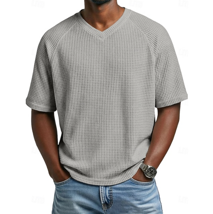 Men's soft textured short sleeve V-neck shirt, a comfortable and stylish choice for casual occasions.