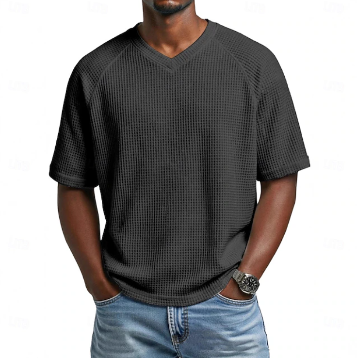 Everyday men's V-neck short sleeve shirt with subtle texture, perfect for casual comfort & style.