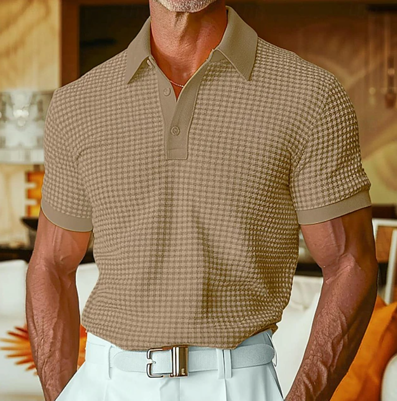 Stylish men's short sleeve waffle shirt with collar, relaxed fit, versatile for smart casual & everyday outfits.