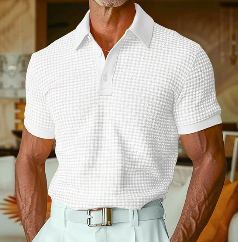 Textured men's waffle knit shirt with a comfortable relaxed fit and stylish collar, great for spring/summer.