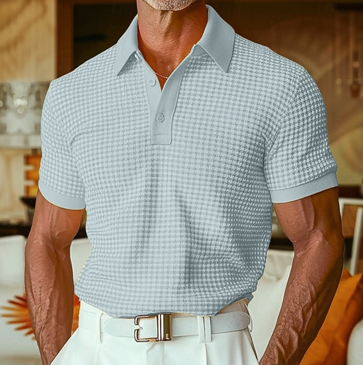 Front view of a men's textured casual waffle shirt with a collar, relaxed fit, perfect for warm weather.