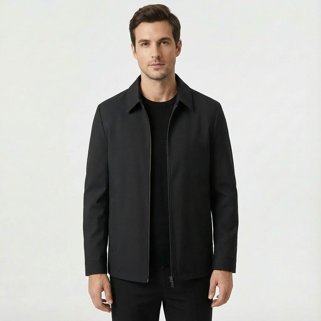Men's casual zip-front Harrington jacket in navy blue, windproof and lightweight.