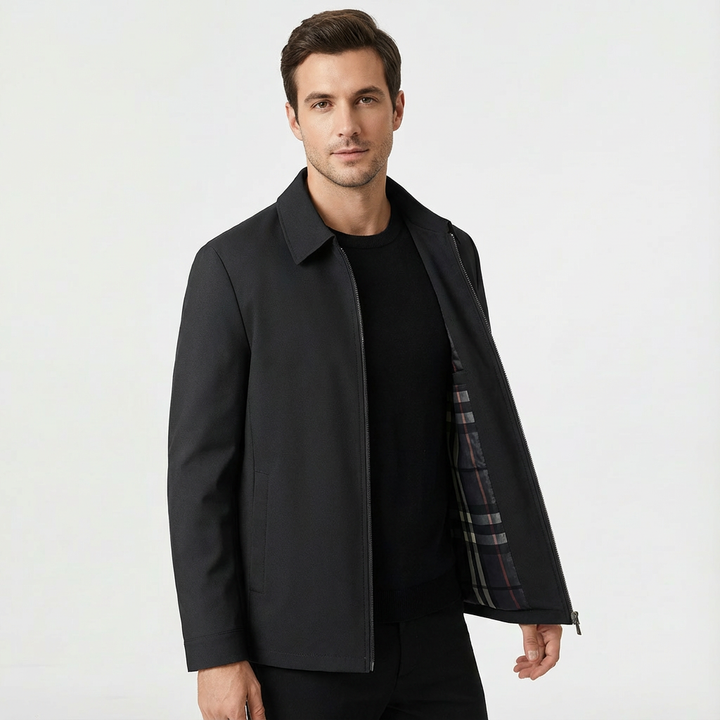 Close-up of the zipper and collar on a men's Harrington jacket for casual wear.