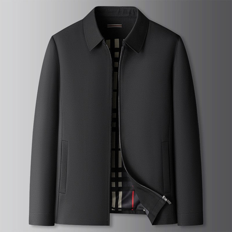 Back view of a men's zip-front casual jacket, perfect for transitional weather.