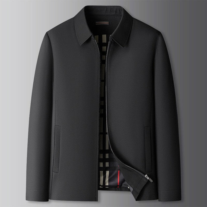 Back view of a men's zip-front casual jacket, perfect for transitional weather.