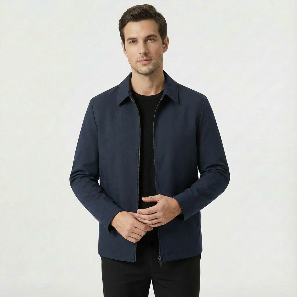 Outdoor shot of a men's casual Harrington jacket, highlighting its windproof fabric.