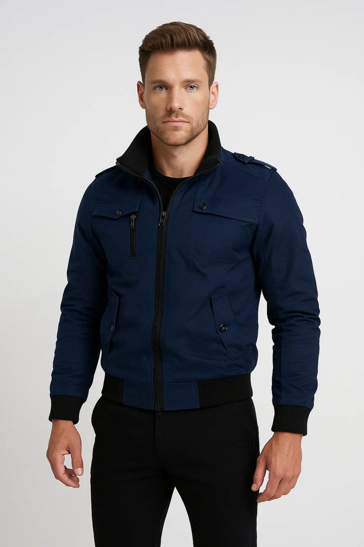 Stylish men's lightweight zip jacket. Classic bomber design for versatile spring/fall casual fashion. Comfortable fit.
