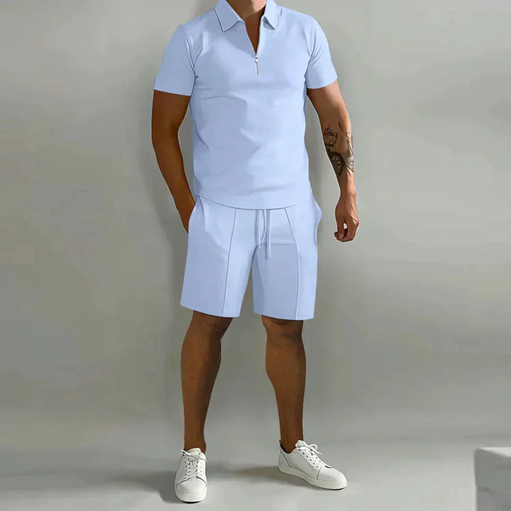 Stylish men's zip polo shirt & matching shorts, ideal casual summer outfit. Comfortable two-piece set.
