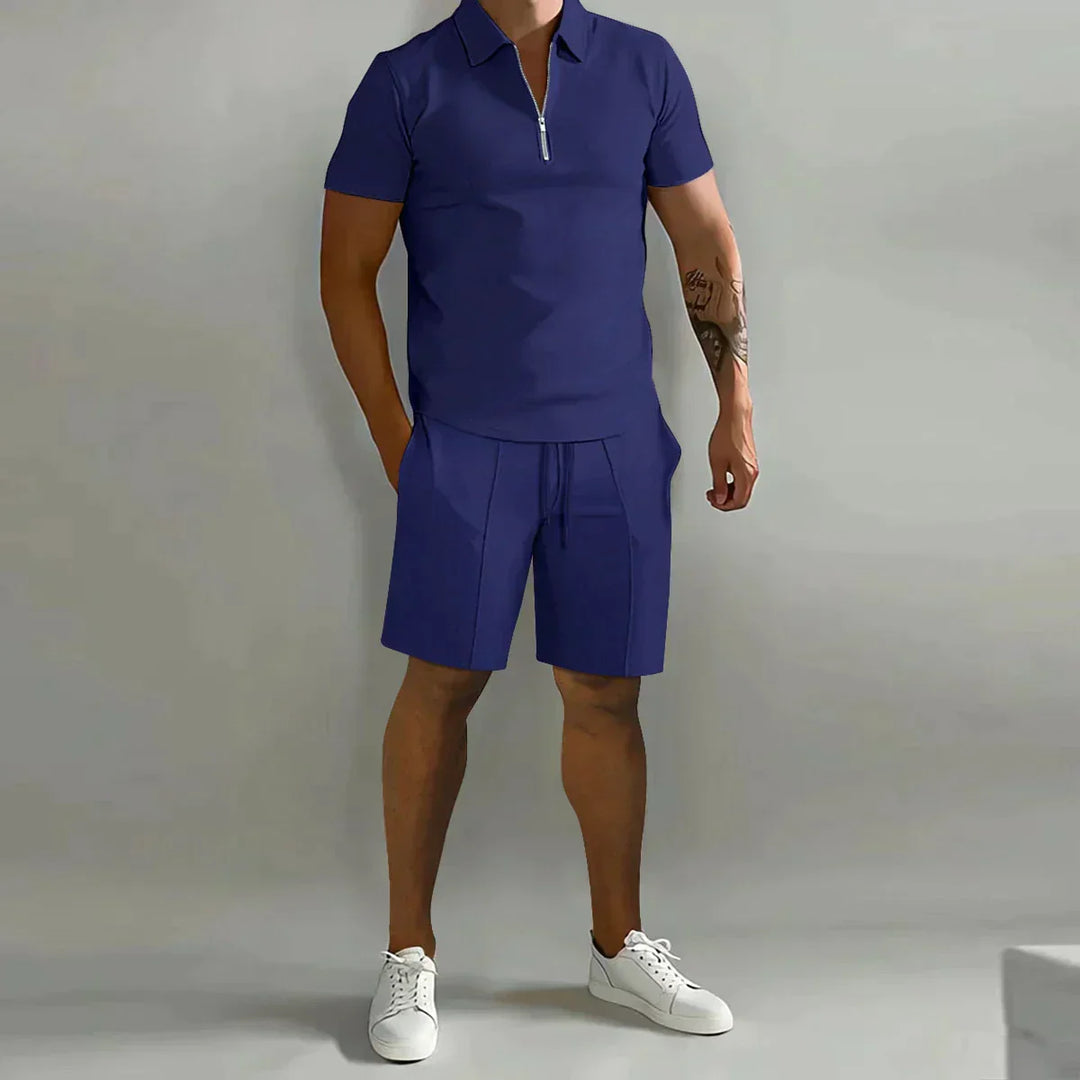 Warm weather men's fashion: Relaxed fit casual zip polo shirt & shorts set. Perfect for summer loungewear.