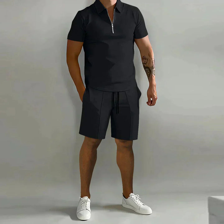 Trendy men's two-piece set featuring a zip polo and shorts. Casual fashion for warm weather & summer outfits.