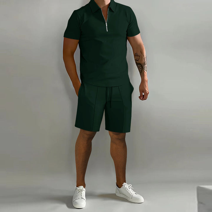 Versatile men's casual set: a comfortable zip polo shirt and matching shorts for summer & loungewear.