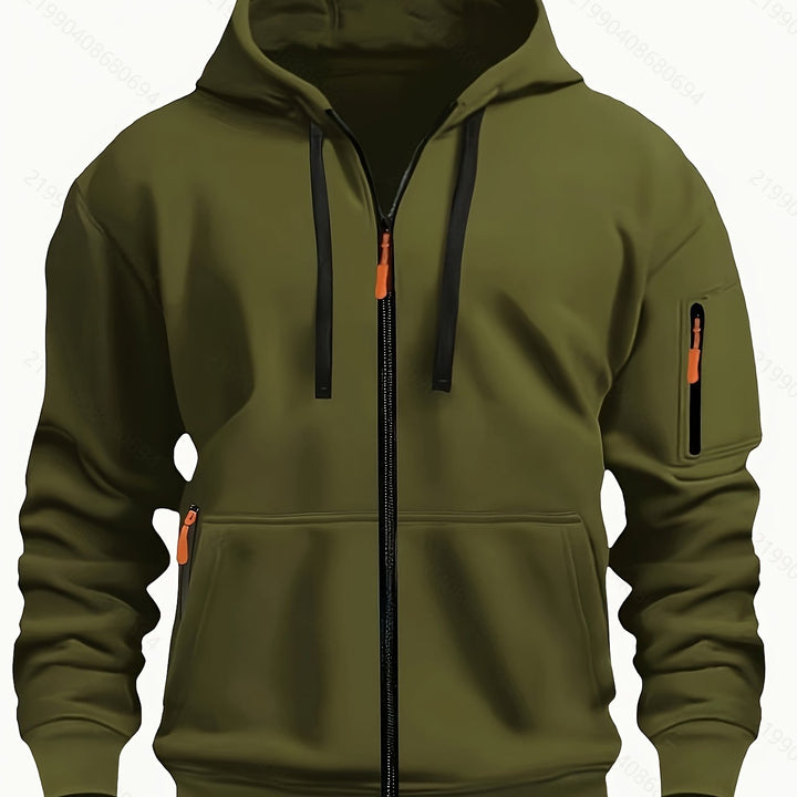 Close-up of the zipper detail on a men's casual zip-up hoodie