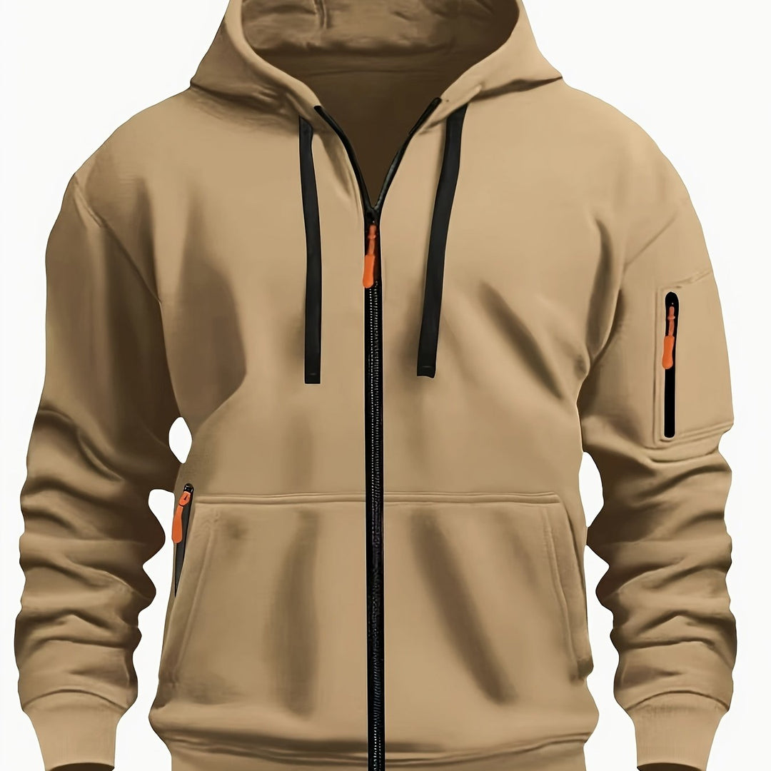 Model wearing a men's zip-up hoodie, showcasing outdoor comfort style