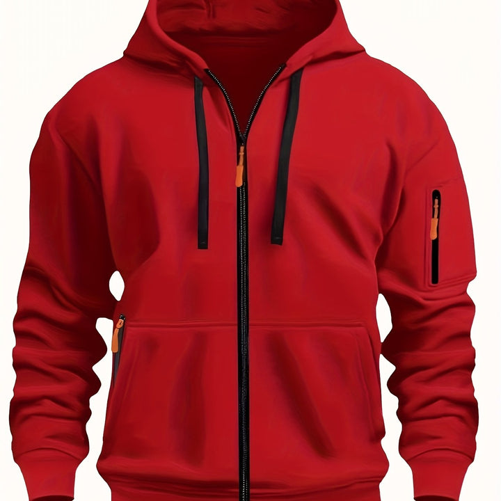 Side view of a men's hooded casual sweatshirt, emphasizing fit
