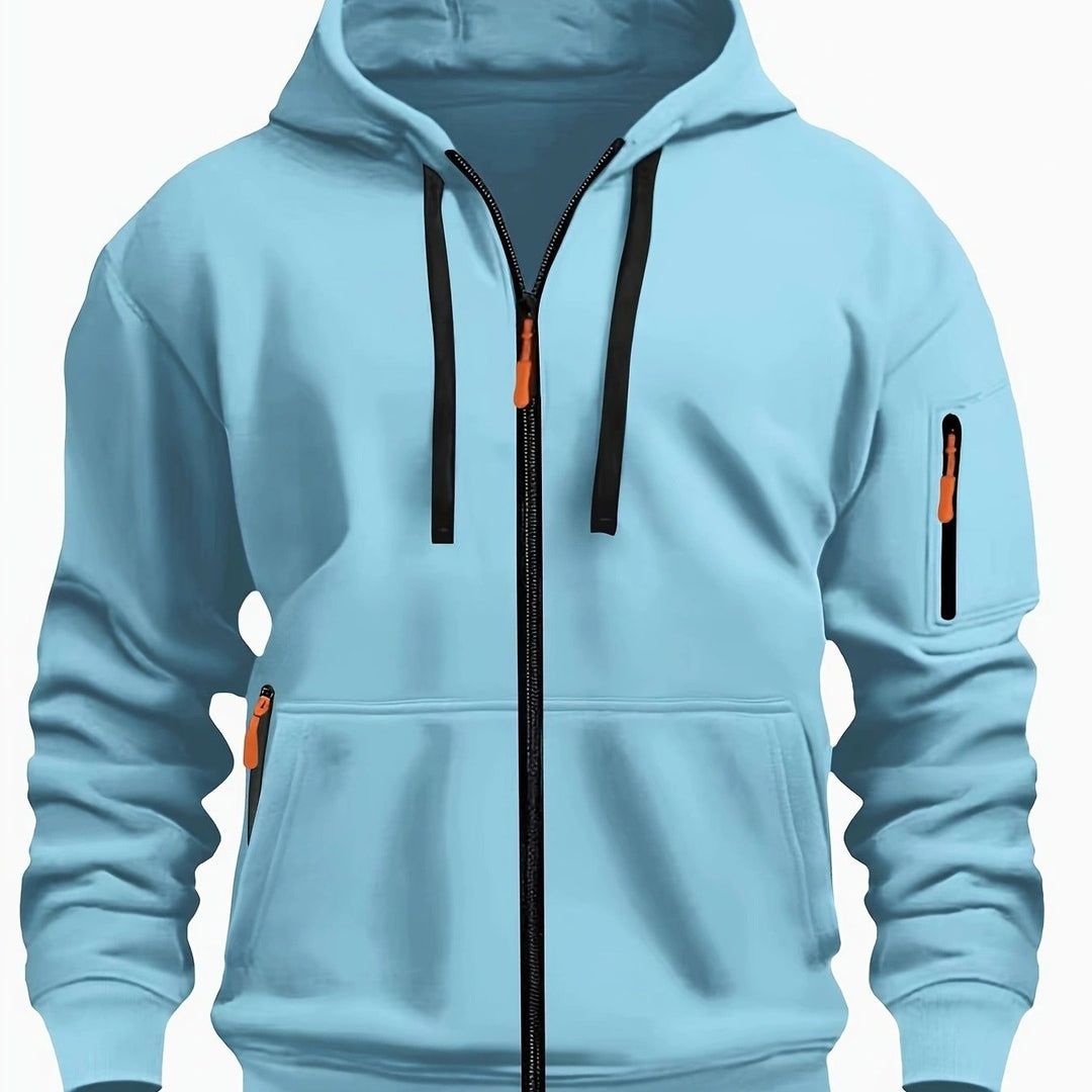 Back view of men's outerwear, highlighting the hooded jacket design