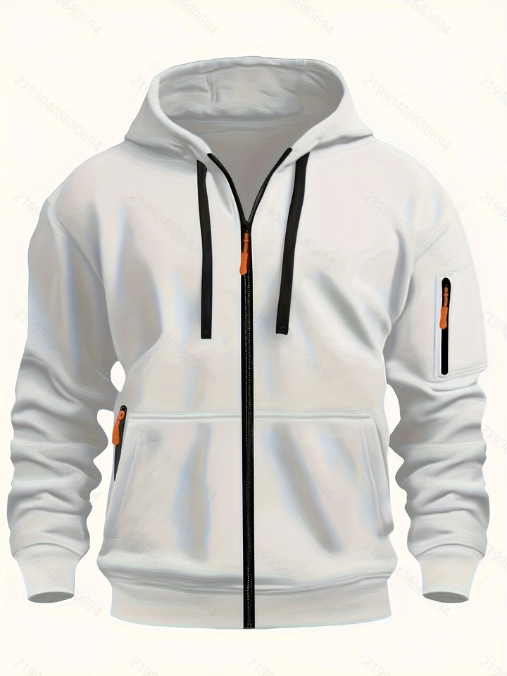 Full zip front on a comfortable men's hooded sweatshirt for casual wear
