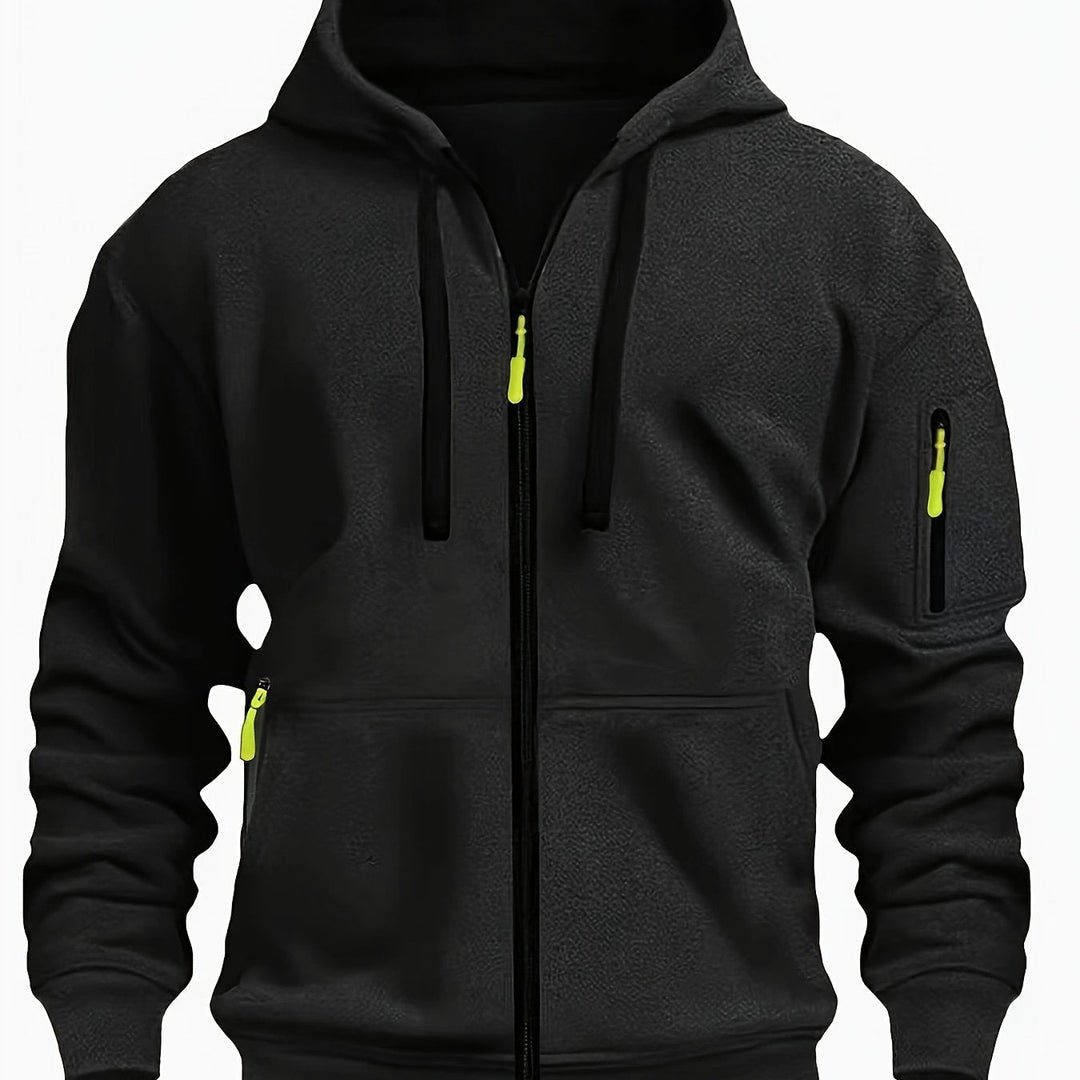 Showcasing the hood feature on a men's casual outdoor sweatshirt