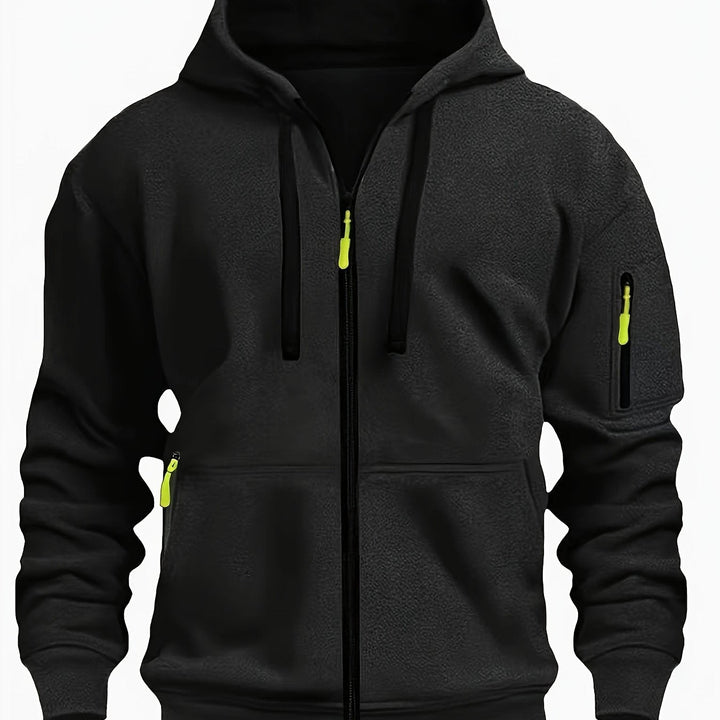Showcasing the hood feature on a men's casual outdoor sweatshirt