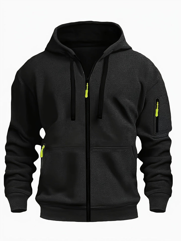 Durable men's outdoor wear: a cozy zip-up hooded jacket