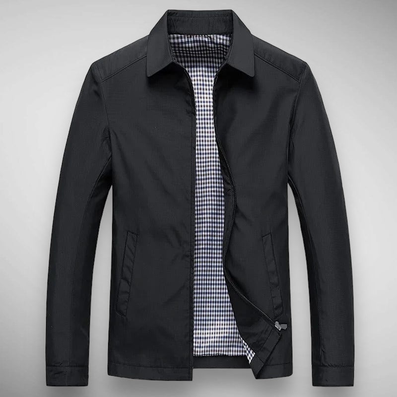 Men's casual zip-up jacket with a stylish collar and distinctive plaid lining, perfect for everyday wear.